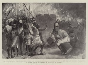 El Avance en Sudán, el Dilluka, o Baile Nativo, en el Cuartel General del Sirdar realizado por los Regimientos Negros en Honor a la Captura de Berber y el Aniversario de la Toma de Dongola de Henry Charles Seppings Wright